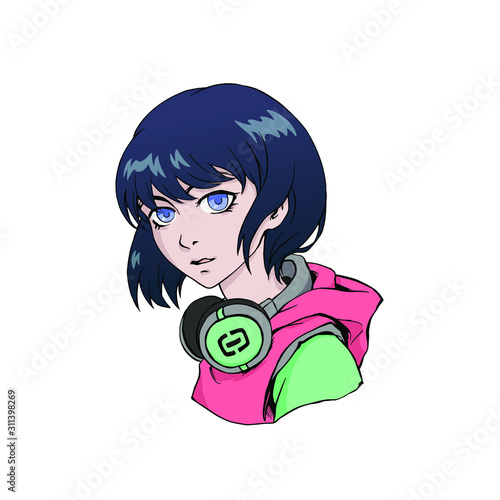Anime girl with headphones colorful illustration waifu