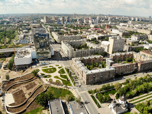 The city of Volgograd. Panorama of the city center with a road and many residential buildings.