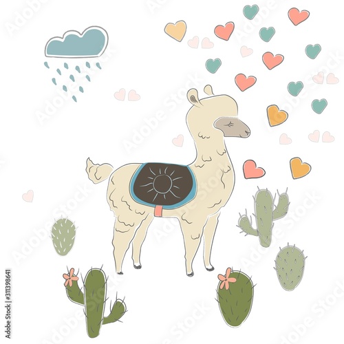 Cute Alpaca with cacti, clous and hearts. Vector Illustration