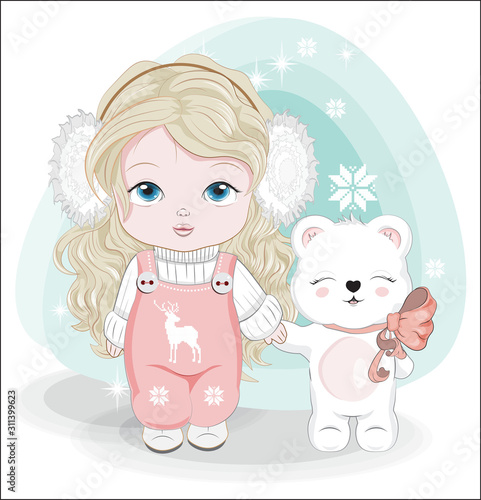 little girl and Teddy bear Happy Birthday Winter Card
