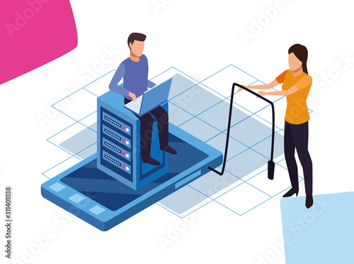 man on data server and smartphone device and woman standing