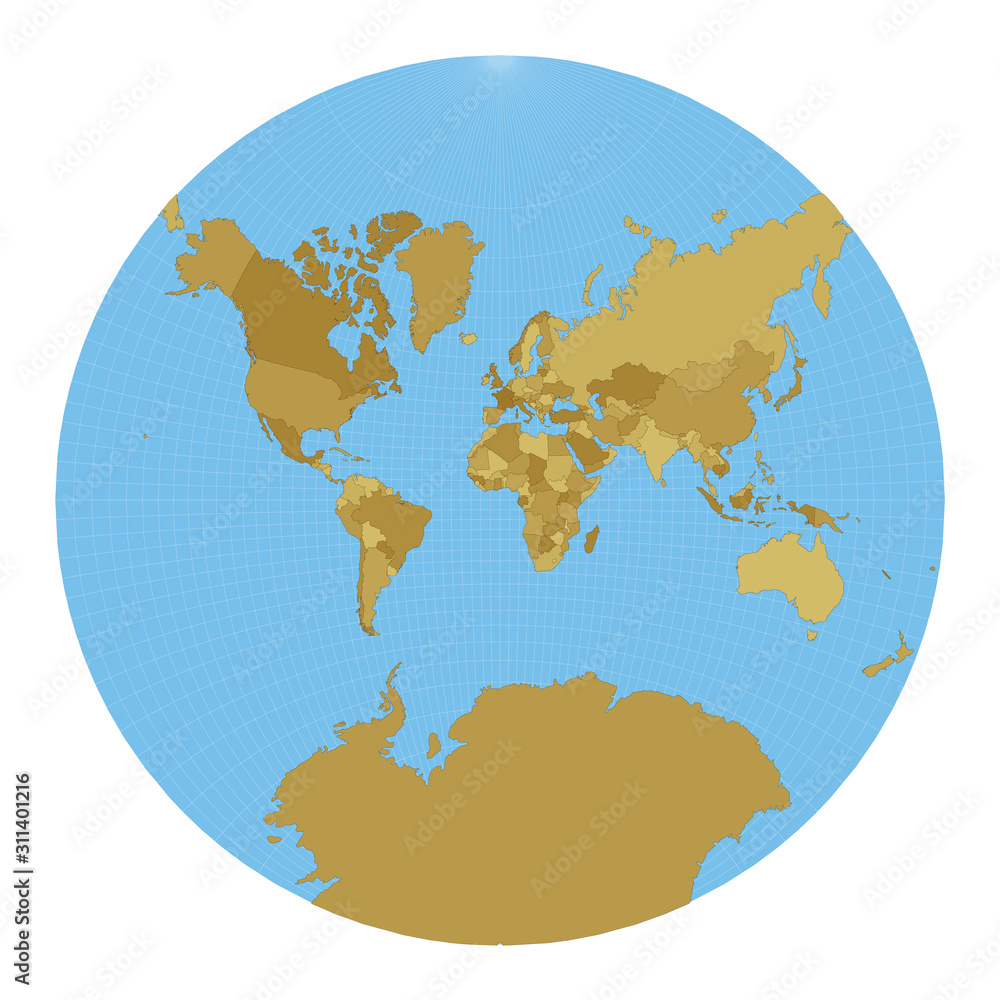 World Map. Lagrange conformal projection. Map of the world with meridians on blue background. Vector illustration.