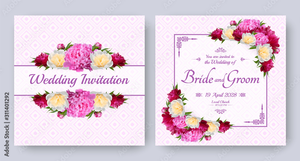 Wedding invitation with flowers of realistic pink, red, white peony on patterned background. Floral vector card set for bridal shower, save the date and other marriage celebration. Spring template