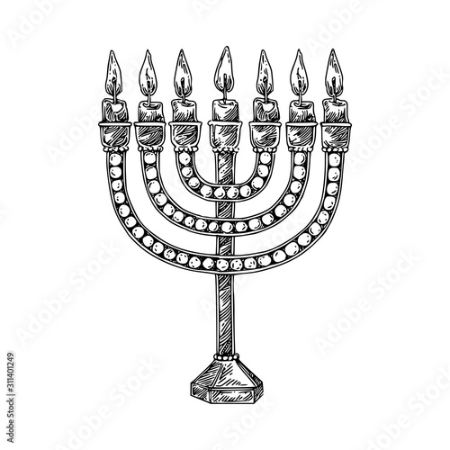 Hanukkah menorah with candles. Sketch. Engraving style. Vector illustration.