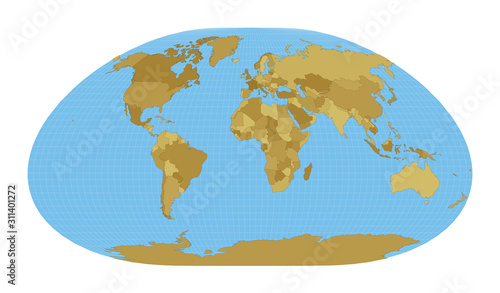 World Map. Loximuthal projection. Map of the world with meridians on blue background. Vector illustration.