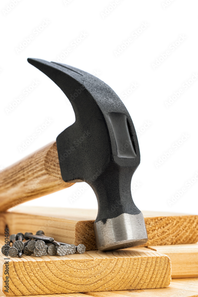 Close-up of hammer and carpenter's tools on a white background. Construction industry, do it yourself. 