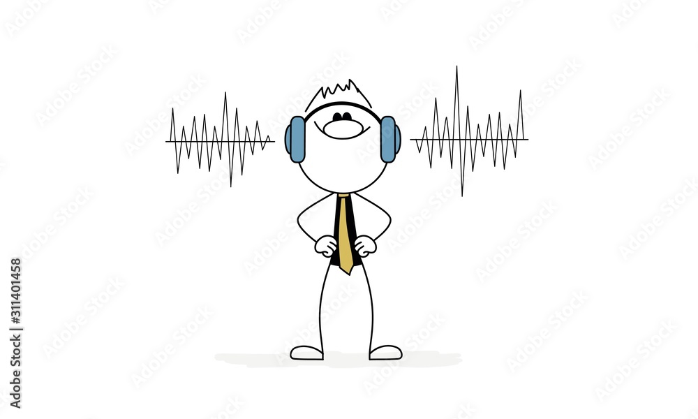 Doodle stick figure: sound wave and in the middle of this there is a man with a headphones. Doodle stick figure: sound wave and in the middle of this there is a man with a headphones.