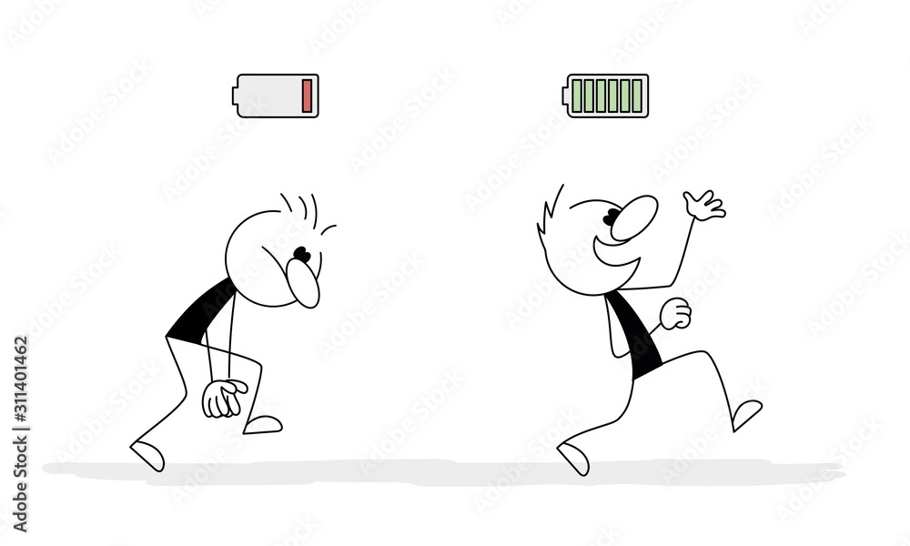Happy businessman with high full level energy battery and tired businessman with low battery. Happy businessman with high full level energy battery and tired businessman with low battery.