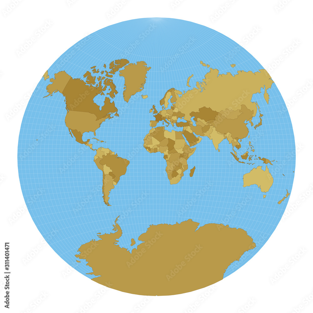 World Map. Van der Grinten projection. Map of the world with meridians on blue background. Vector illustration.