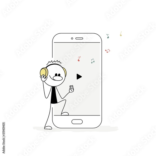 Doodle stick figure: Funny man listening to music on your phone through headphones. Hand drawn cartoon vector illustration.