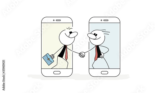 Doodle stick figure: mobile connection, online electronic dealing and cooperation. Businessmen handshaking from the screens of different smartphones.