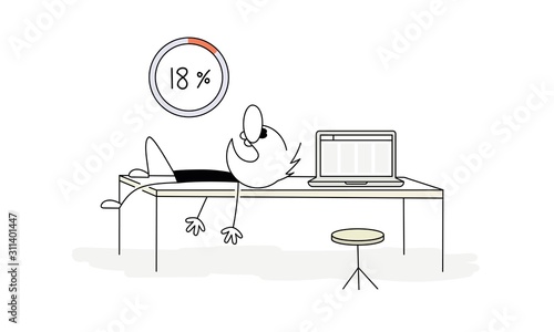 Man is sleeping on the table beside a loading wheel with 18 percent. Concept of slowness and waiting.