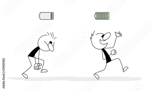Happy businessman with high full level energy battery and tired businessman with low battery. 
