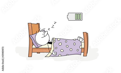 Man sleeping at home and charging battery. Recharge concept.