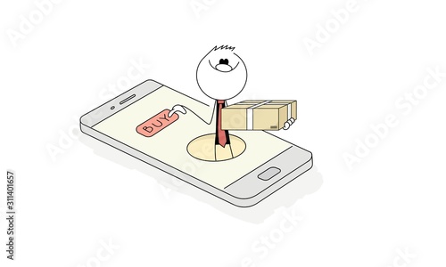 Happy man in a round hole on the phone. Businessman with box presses a button BUY.Основные RGB