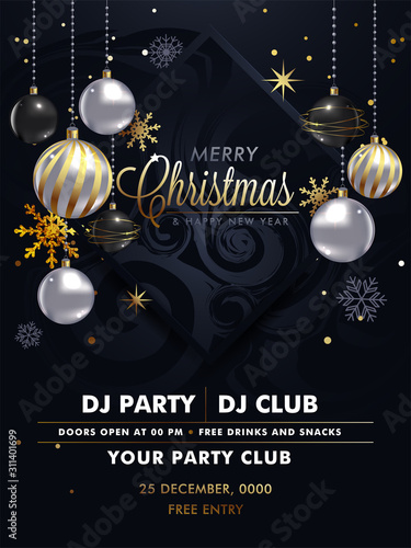 Merry Christmas. Beautiful glam christmas party poster, banner design with elegant white and black decoration balls and beautiful elegant different golden snowflakes. 