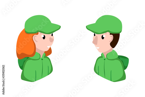 Male and female service assistant or helper in uniform vector character on white background. Online support gender avatar