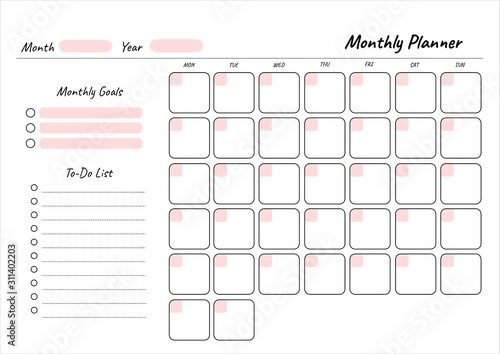 Monthly planner printable template Vector. Blank white notebook page A4
