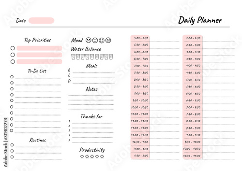Daily planner printable template Vector. Blank white notebook page A4