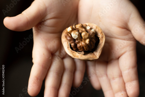 Girl holding whole walnut in her hands. Healthy organic food concept.