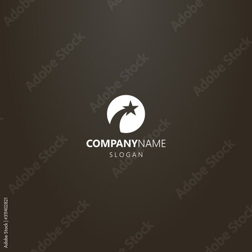 white logo on a black background. simple vector negative space round logo of a flying star or comet