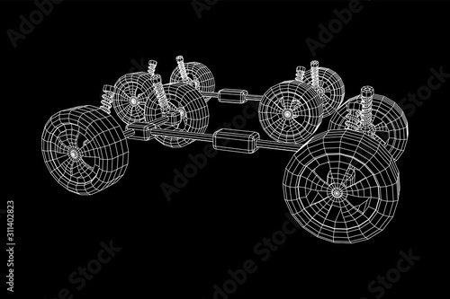 Chassis steering rack. Wireframe low poly mesh vector illustration. Auto service repair car concept.