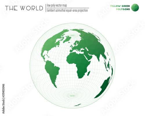 World map in polygonal style. Lambert azimuthal equal-area projection of the world. Yellow Green colored polygons. Amazing vector illustration.