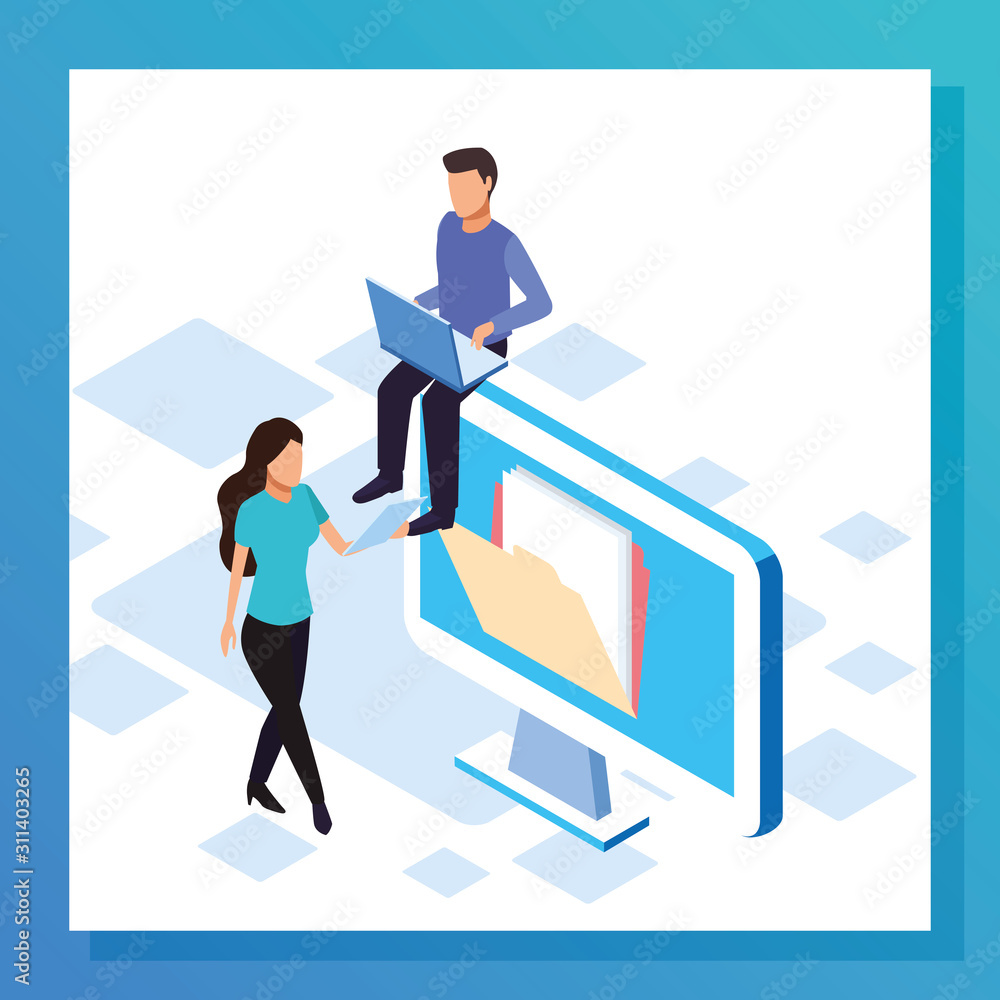 big data colorful design with computer with woman and man big data colorful design with computer with woman and man