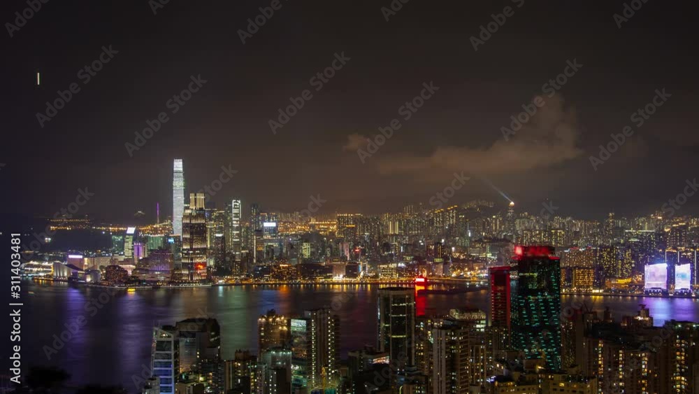 Hong Kong urban cityscape aerial skyline panorama timelapse at night pan up Hong Kong urban cityscape aerial skyline panorama timelapse at night pan up