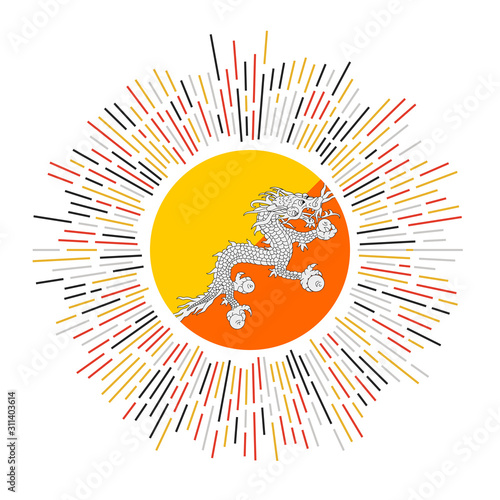 Bhutan sign. Country flag with colorful rays. Radiant sunburst with Bhutan flag. Vector illustration.