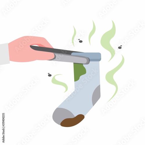 hand holding stinky sock, bad smell and dirty socks in flat illustration vector