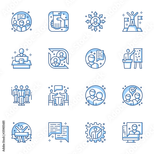 Business partnership and cooperation linear vector icons set. Corporate seminar members, businessmen agreement contour symbols isolated pack. Handshake, discussion contour illustrations collection