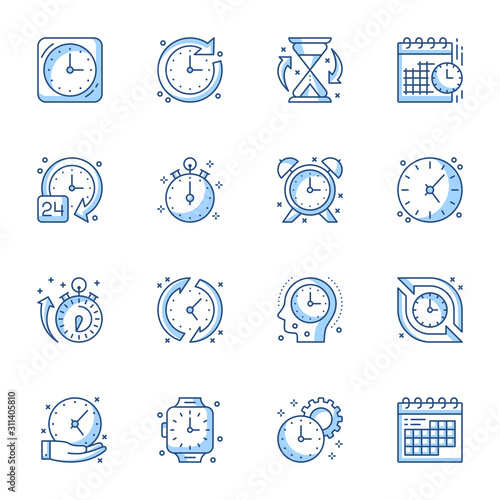 Time management linear icons set. Calendar, clock, hourglass contour symbols isolated pack. Planning and scheduling pictograms. Alarm, notification thin line illustrations collection
