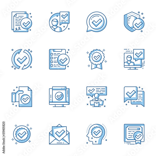 Certificate, guarantee legal documents linear icons set. Approve, confirm, accepted contour symbols isolated pack. Certified warranty with checkmark thin line illustrations collection