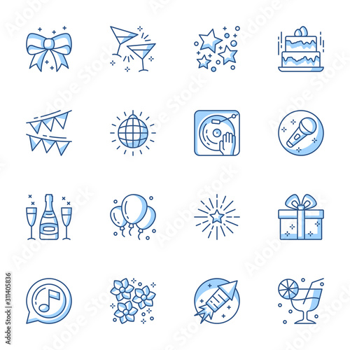 Party linear icons set. Entertainment and recreation contour symbols isolated pack. Karaoke, disco, banquet pictograms. Holiday present, social event thin line illustrations collection