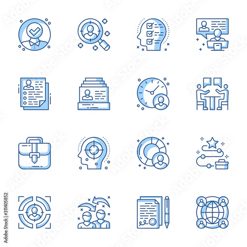 Recruitment, job interview linear icons set. Workforce, human resource, employment service contour symbols isolated pack. Candidate CV, HR management thin line illustrations collection