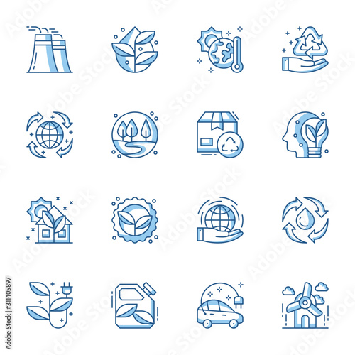 Sustainable and renewable energy linear vector icon set. Alternative green electric power source contour symbols isolated pack. Environment, eco friendly factory thin line illustrations