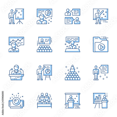 Business conference, seminar linear vector illustrations set. Public lecture, teacher and audience contour symbols isolated pack. Personnel training, corporate presentation thin line illustrations