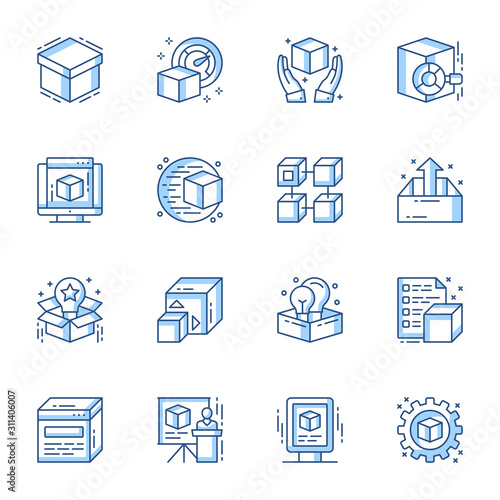 Product launch and presentation vector linear icons set. Goods setting process, project business advertisement contour symbols isolated pack. Open box thin line illustrations collection