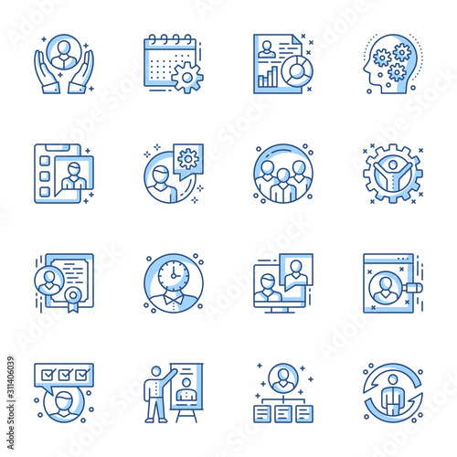 Office management linear vector icons set. Workforce organization, corporate employees work supervise contour symbols isolated pack. Team leader, manager presentation thin line illustrations