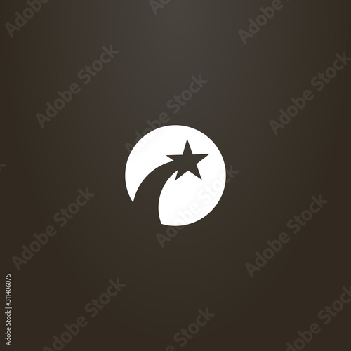white sign on a black background. simple vector negative space round sign of a flying star or comet