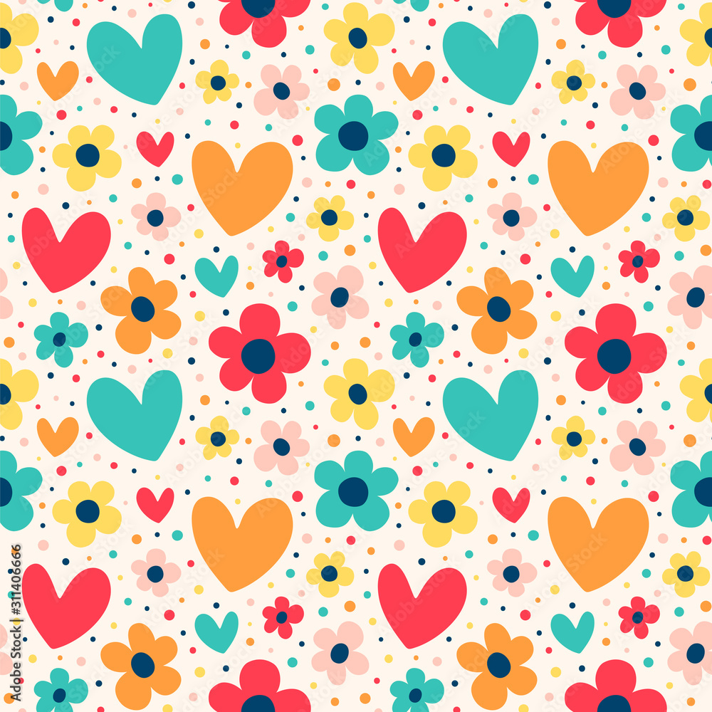 Seamless vector pattern with hearts and flowers in a retro color palette.