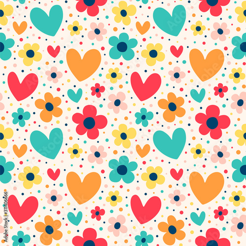 Seamless vector pattern with hearts and flowers in a retro color palette.