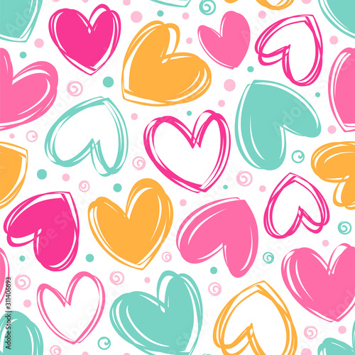 Seamless vector pattern with cute bright hearts and circles.