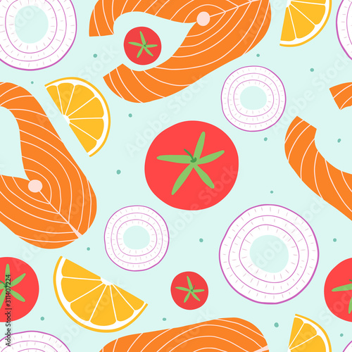 Food seamless pattern with fish, and vegetables for print, textile, wallpaper. Healthy food background.