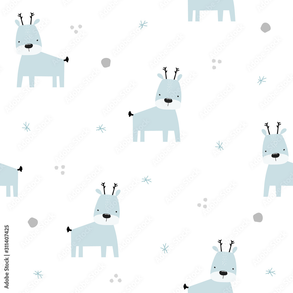 Obraz premium Winter pastel seamless pattern with little reindeer. Childish simple print. Vector hand drawn illustration.