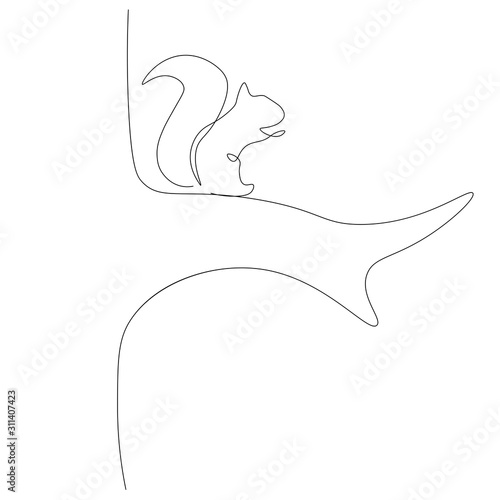 Squirrel on branch continuous line drawing vector illustration
