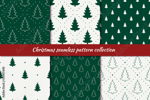 Festive seamless pattern collection. New Year, Christmas tree print kit. Holiday backgrounds set. Fir-tree, pines motif