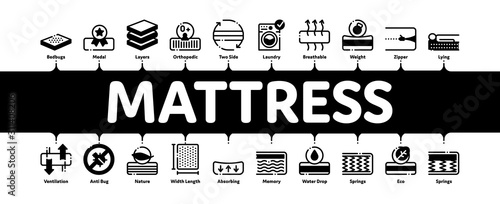 Mattress Orthopedic Minimal Infographic Web Banner Vector. Bedding Soft Mattress With Memory For Support Healthy Spine From Foam Material Concept Illustrations