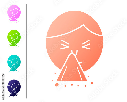Coral Man holding handkerchief or napkin to his runny nose icon isolated on white background. Coryza desease symptoms. Set color icons. Vector Illustration